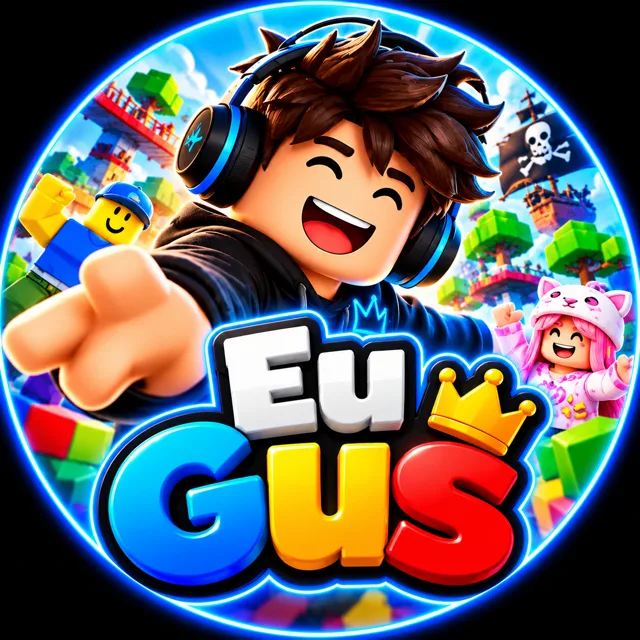 Selo do canal EuGus: avatar de Roblox com fones de ouvido e a coroa